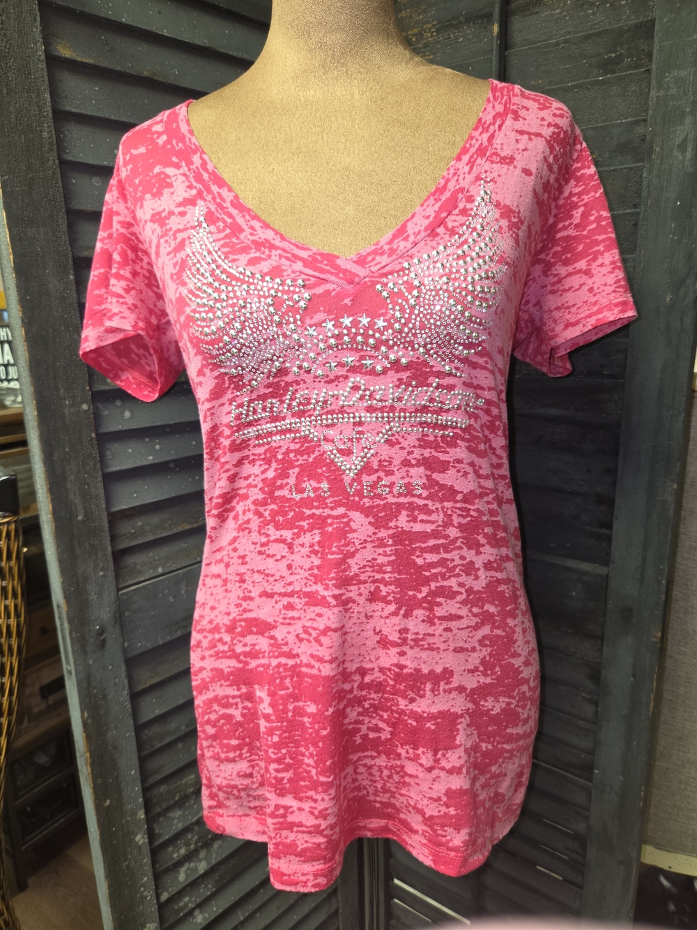 Harley-Davidson Women's Raspberry Red Rhinestone V-Neck Tee - Picture 2 of 5